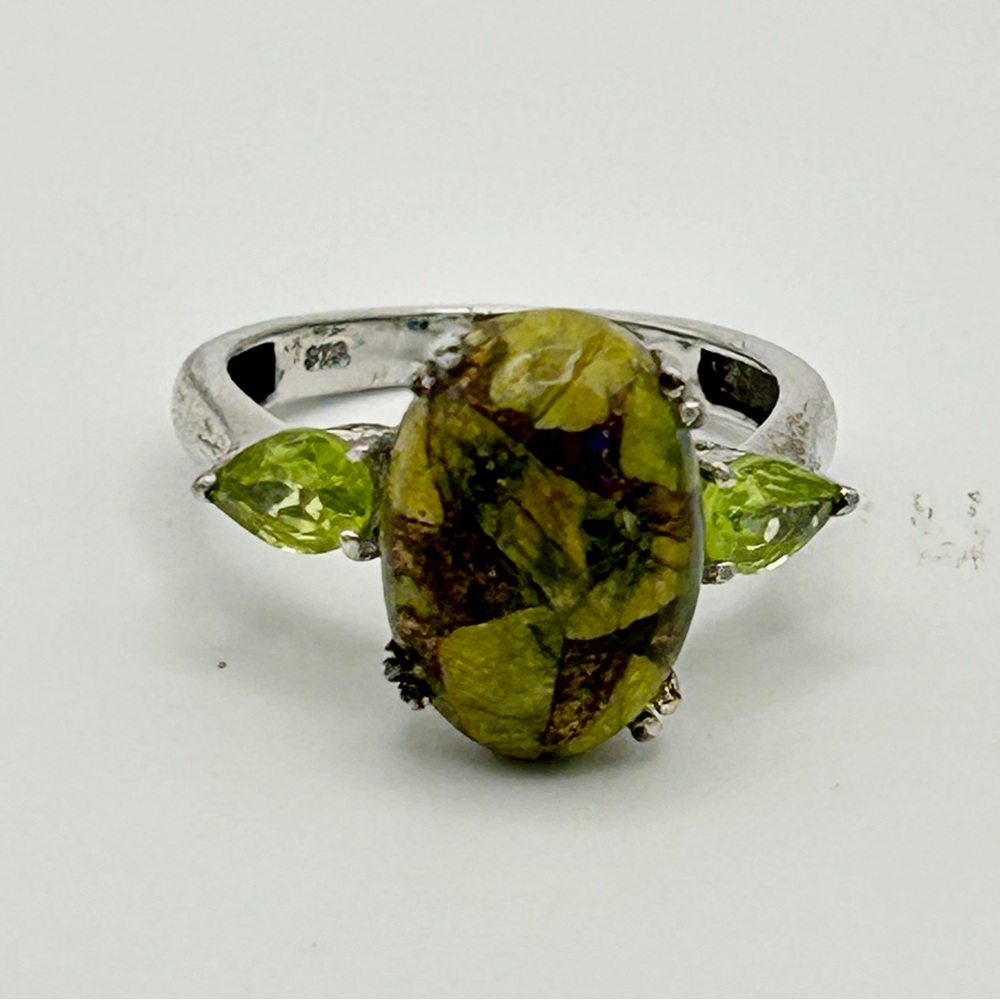 Stitchite and Peridot Ring; Size 7.5; 925 Sterling Silver